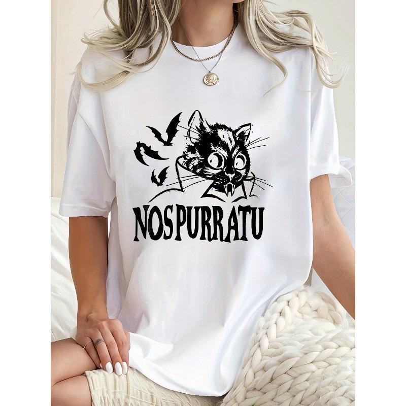 

Women s NOSPURRATU Vampire Cat T-Shirt Casual Round Neck Short Sleeve Fashion Top 4XL білий