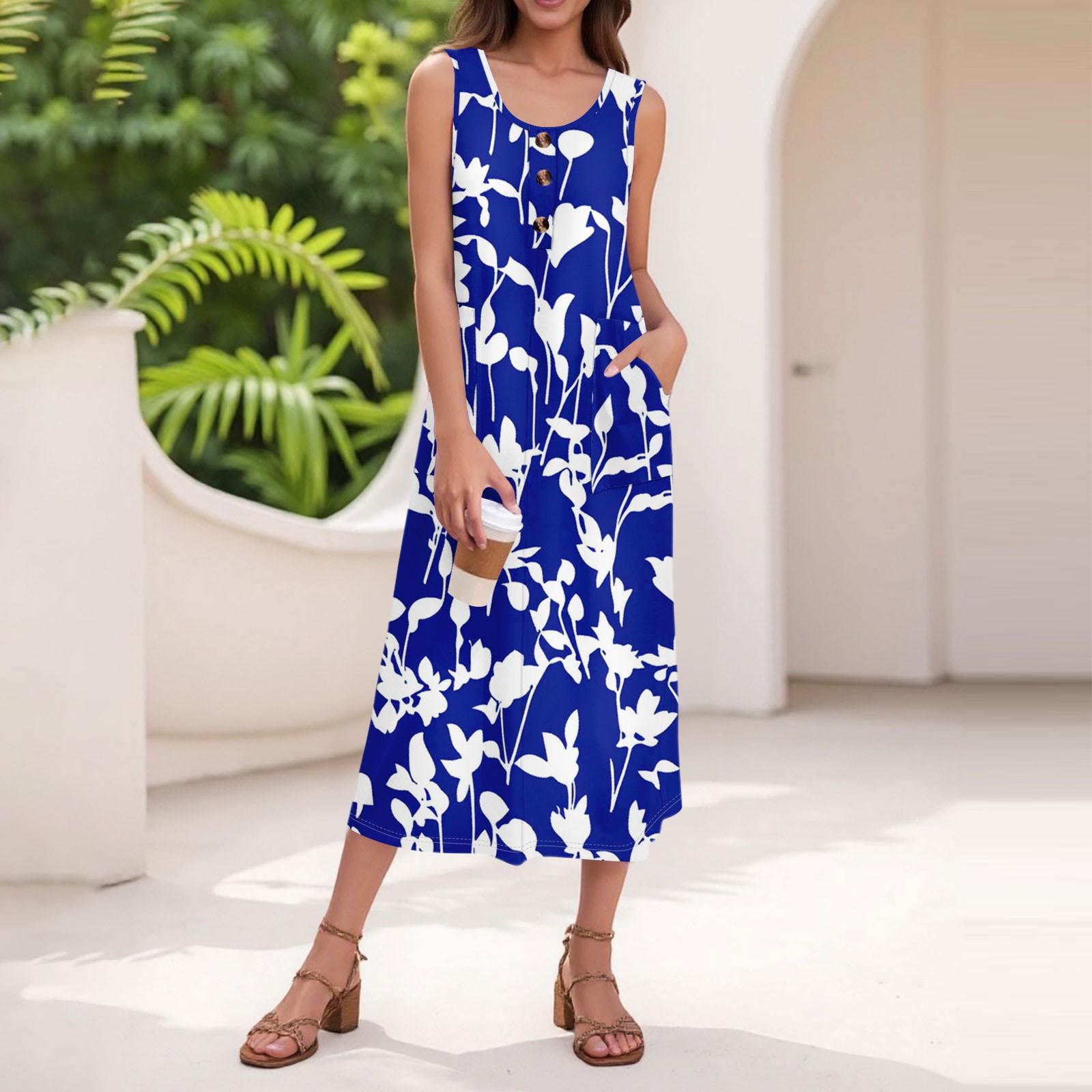 

Women s Summer Casual Fashion Floral Print Sleeveless Button Casual Long Dress XL