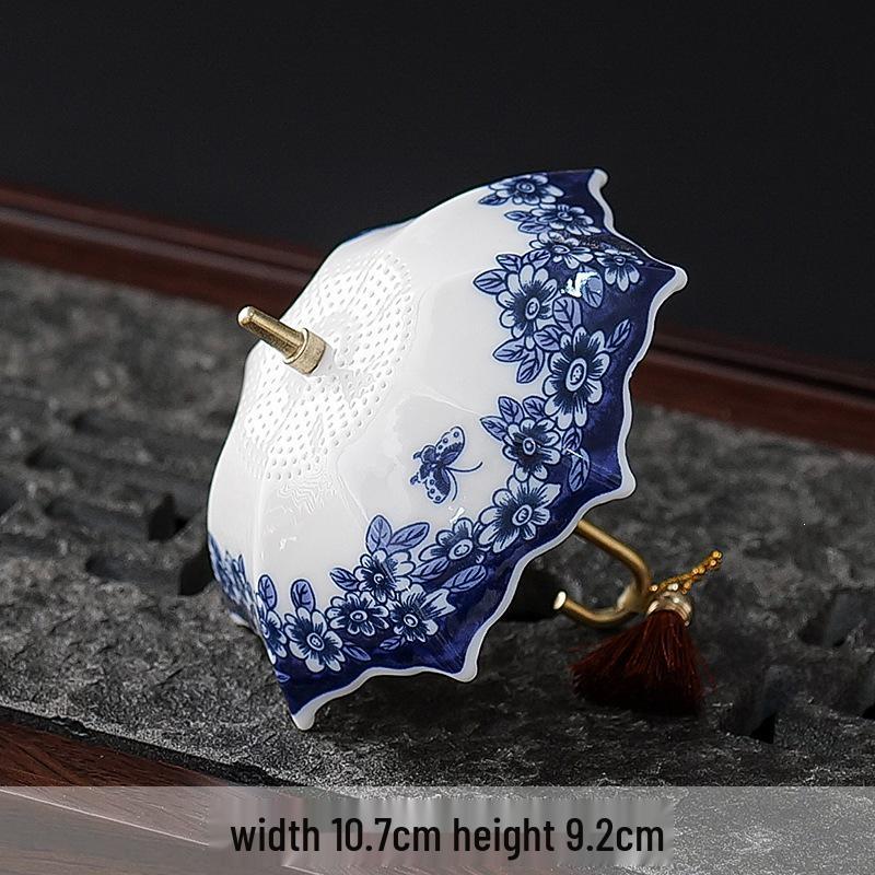 Blue and White Porcelain Umbrella Tea Strainer - Ceramic Tea Leaf Filter and Table Decoration.