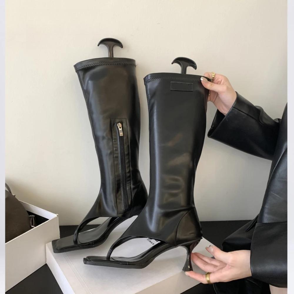 Eilyken Stivali Alti Fino al Ginocchio con Punta Aperta Donna Zip Laterale Stivaletti Sandali Moderni Tacco Basso Sottile Scarpe da Festa Botas Mujer