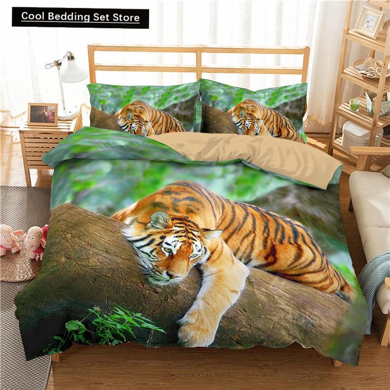 Comforter 3D Tiger Bedding Set King Queen Full Twin Size Brown Animal Jungle Wildlife Comforter Polyester