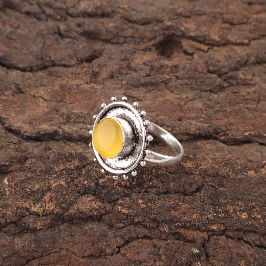 Natural Yellow Cat's Eye 925 Silver Statement Best Friend Gift Ethnic Boho Ring RR-49-41