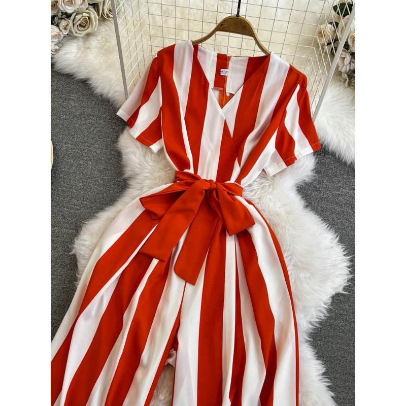 Fashion Celebrity Short Sleeve V-Neck Striped Dress Pants Casual High Waist Skinny Straight Wide Pants Jumpsuit