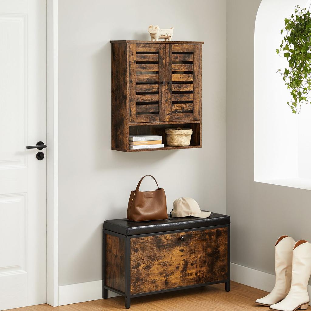 VASAGLE Wall Cabinet, Hanging Bathroom Storage Cabinet, Medicine Cupboard with Adjustable Shelf, Double Shutter Doors and Open Shelf, 60 x 20 x 70 cm
