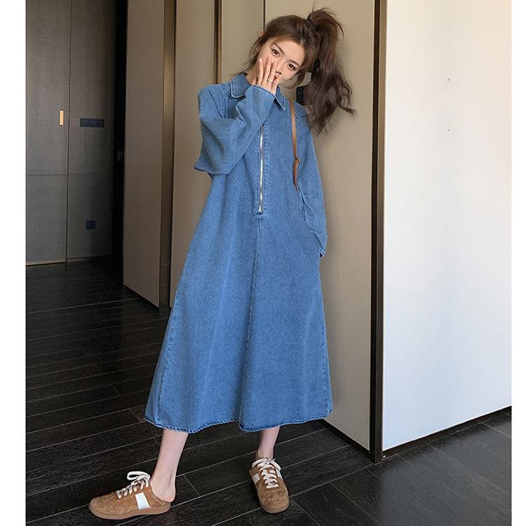 2026 Spring & Autumn Women s Slimming French Denim Dress, Popular Retro Long Sleeve Style One Size