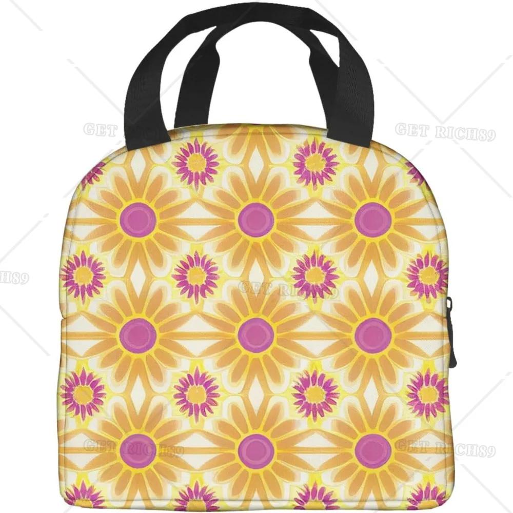 Orange and Yellow Flower Print Reusable Leakproof Lunch Box for Work Office Picnic Travel Portable Insulated Lunch Bag for Women