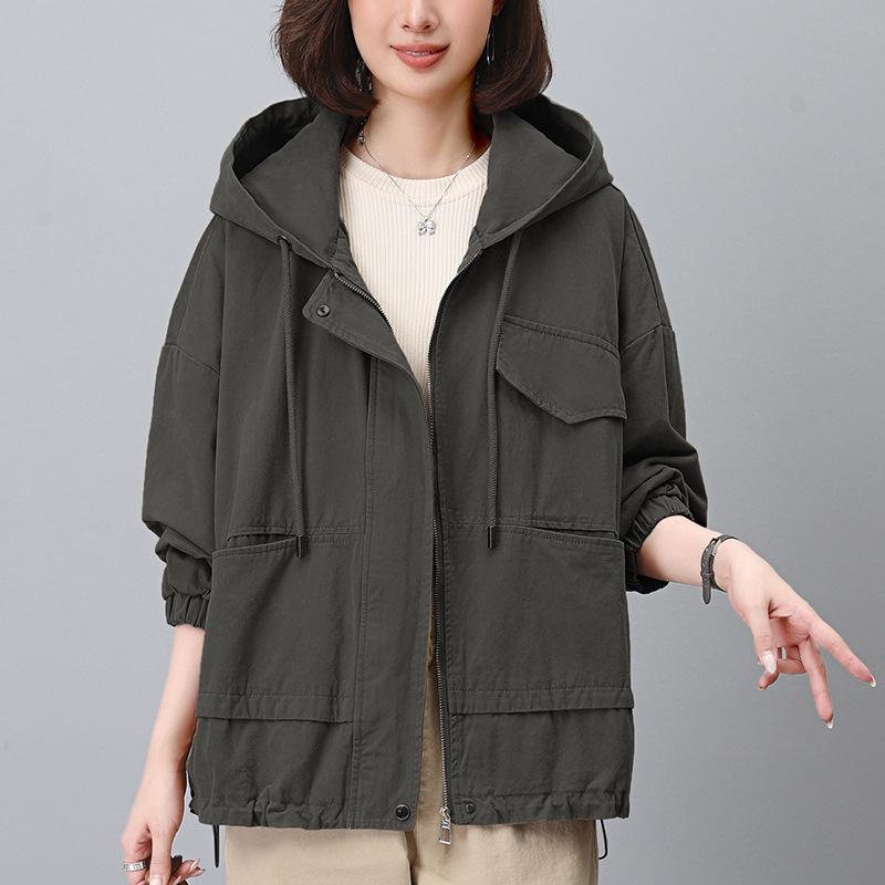 

Тренч с капюшоном большого размера для женщин 2024 - Свободный крой, весенне-осенняя рабочая куртка XXL (suggested 150-170 jin) серый