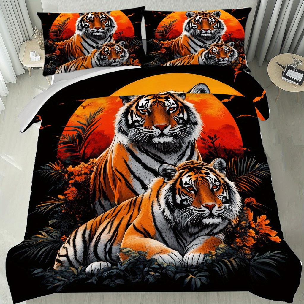 3pcs Soft Breathable Sunset Siberian Tiger Print bedding Set, Tiger Duvet Cover Set, 100% Polyester Machine Washable All Seasons