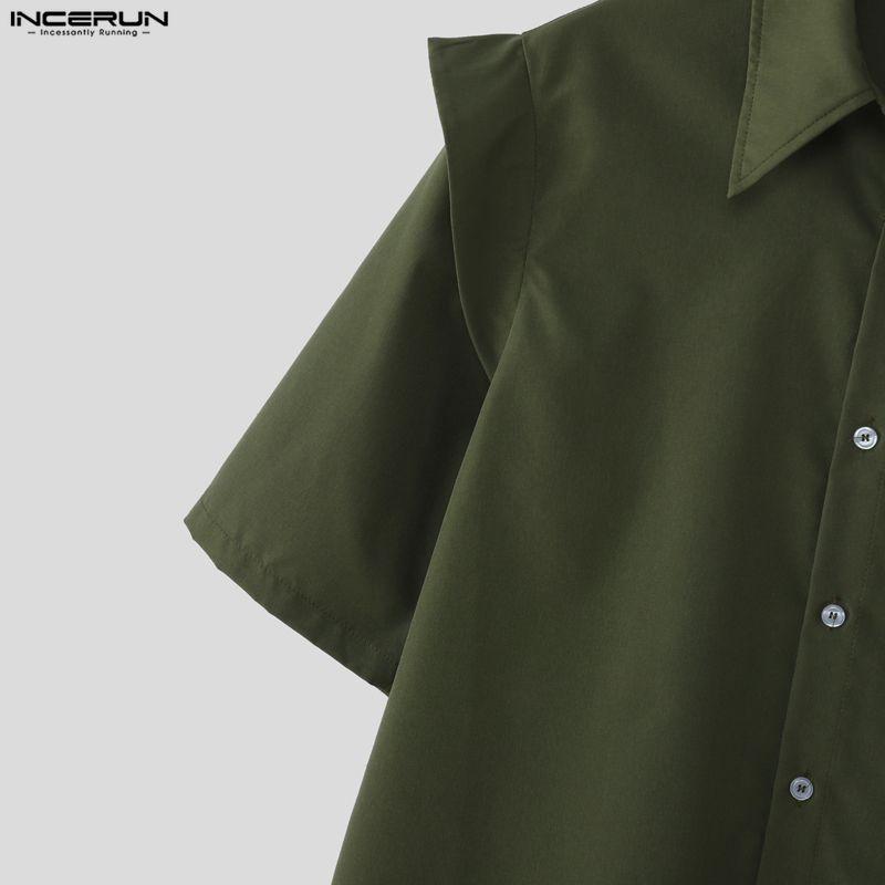 INCERUN Oversized Men Lapel Neck Short Sleeve Fake Two-piece Casual Shirts Tops
