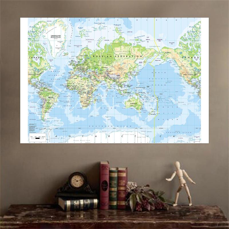 Without Frame English-World Map-Geographic Map with Cities Backdrop,Travel Supplies,for Classroom,Dorm,Office Decor