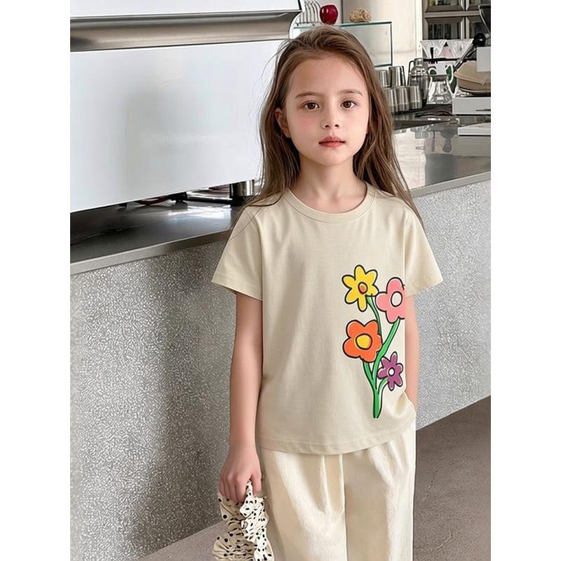 27Home Brand Export Children's Clothing 2026 Summer Floral Pure Cotton Short-Sleeved T-Shirt Girls Baby Clothes Korean Style