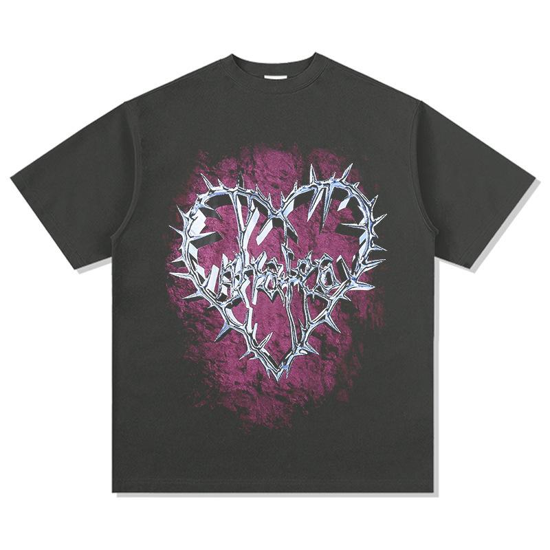 Washed Retro High Street Thorns Small Heavy Vintage Printed Short-Sleeved T-Shirt Retro Neckline Love Bottoming Shirt Cotton