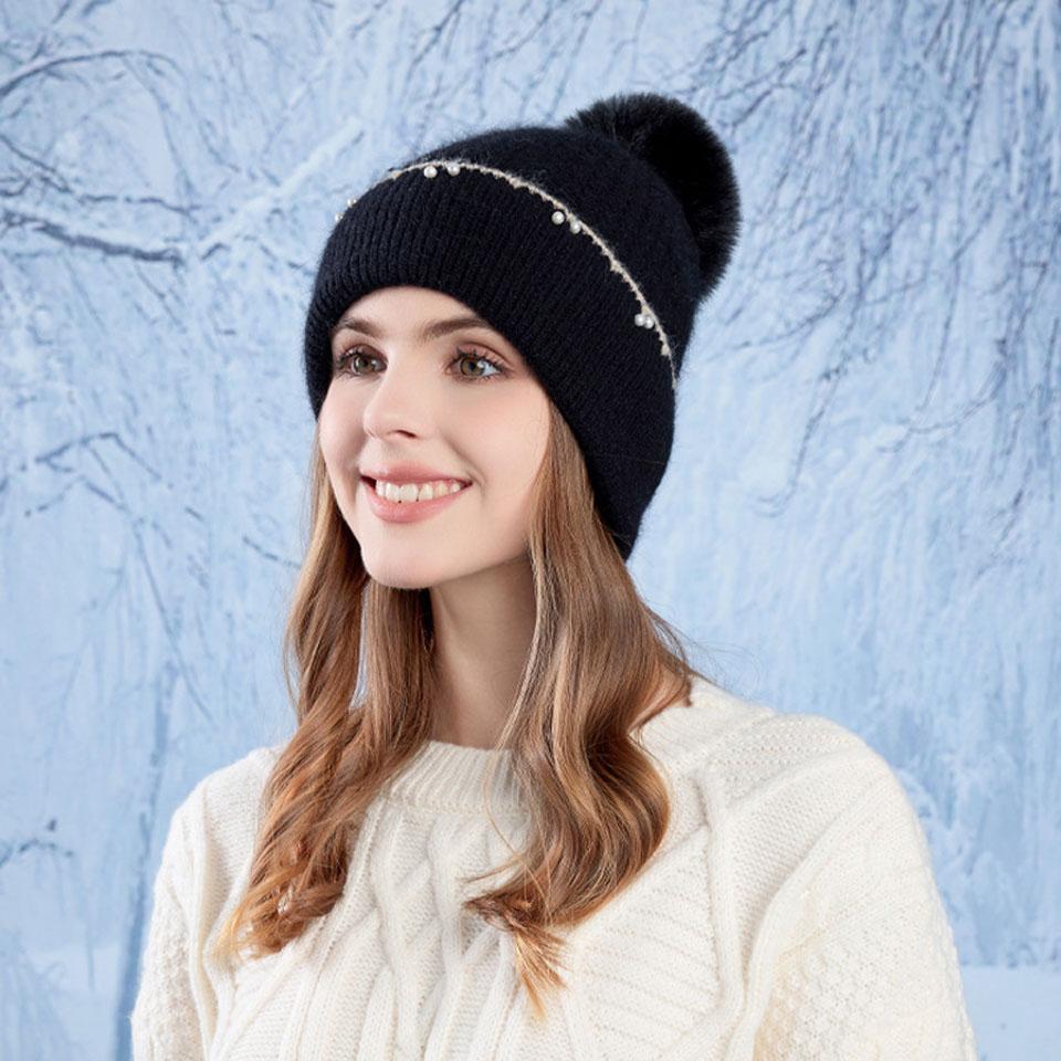 

Getinfit Pullover Cap Winter Fashionable Pom-Pom Pearls Outdoor Keep Warm Add Fleece Warmth Ear Protection Knitting Woolen Hat