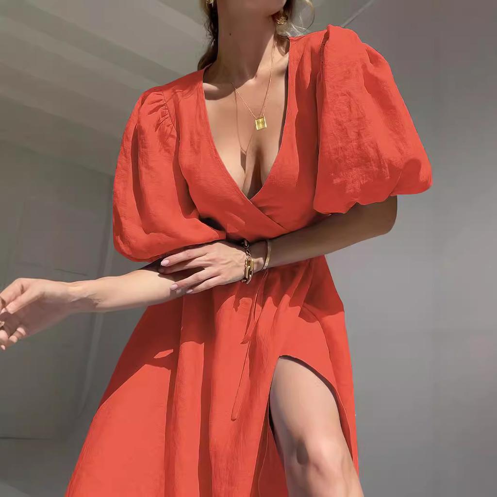 Spring and summer new lace-up cotton bubble sleeves French elegance v-neck design strap casual dress women's clothing