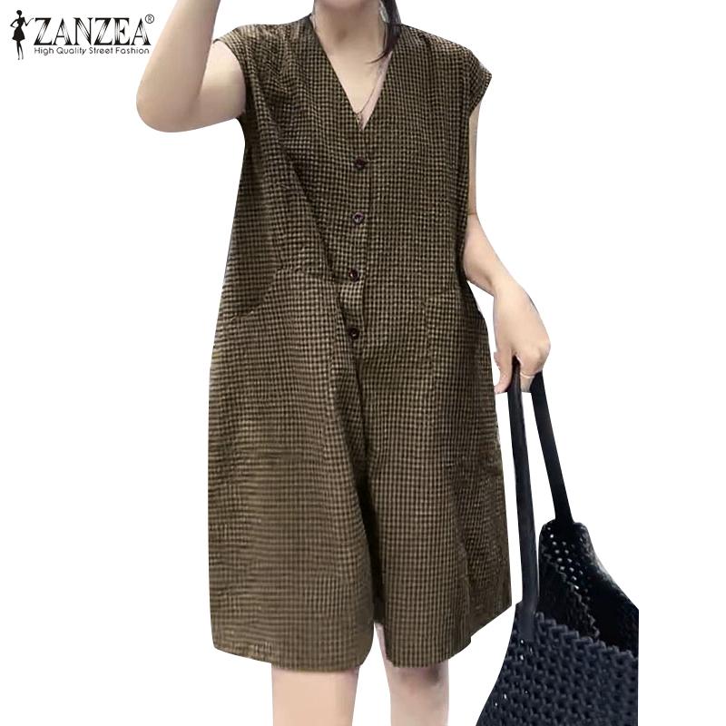 ZANZEA Salopete casual de damă cu mânecă scurtă, cu imprimeu grilă și picior lat