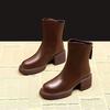 Women's short boots with chunky heels and thick soles in British style New Year's High Heel Brown Retro Spring and Autumn Boots