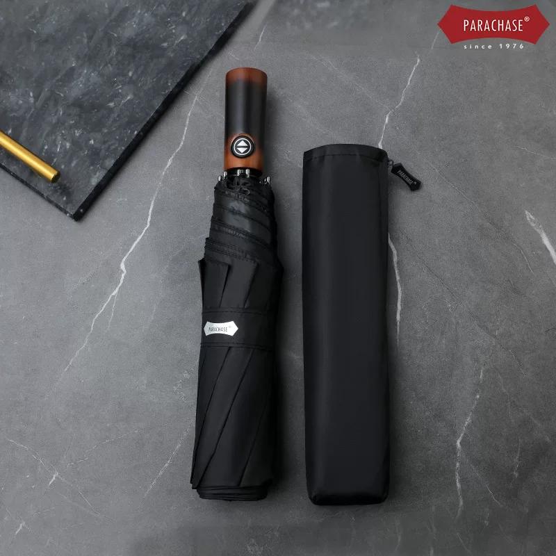 Parachase1.23 M Retro Wooden Handle Oversized Automatic Wind-Resistant Vinyl Sun Protective Double Sunny Umbrella Men's Umbrella