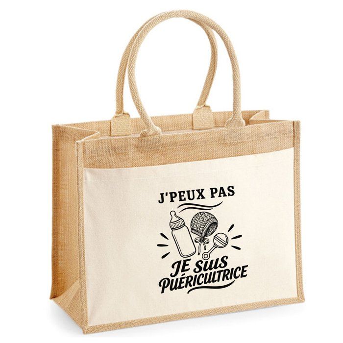 Sac Cabas Jute avec Poche J’peux pas je suis Puéricultrice J'peux pas minimaliste | Toile de Jute et Coton 21 L Fond Plat Anses 65