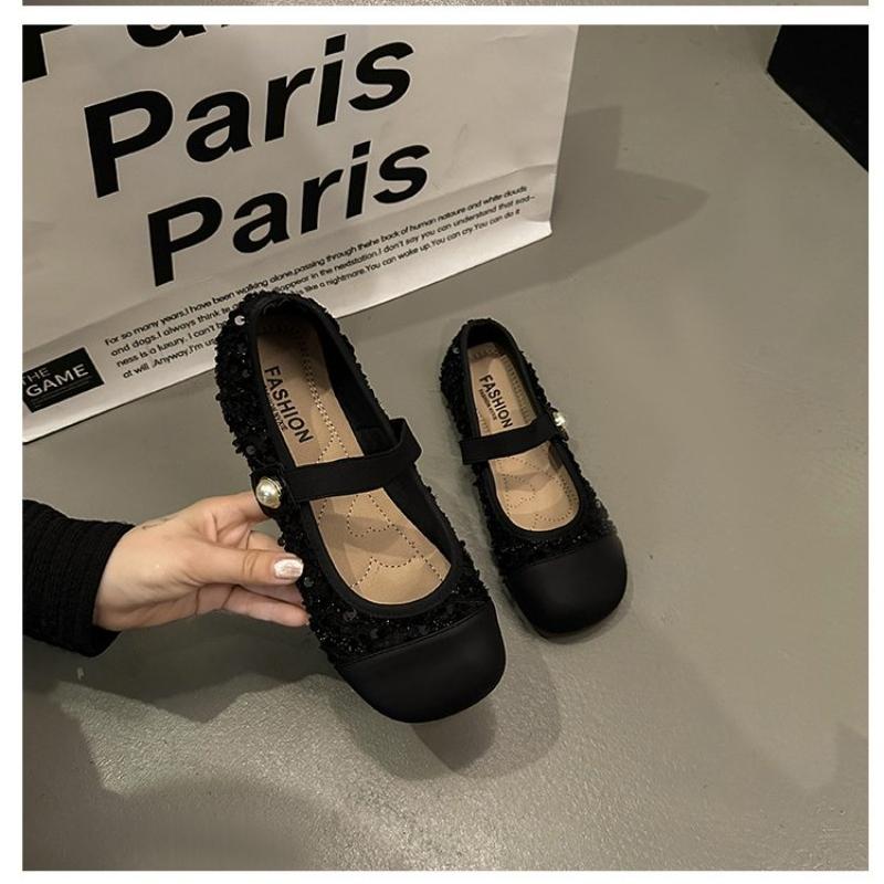 Fashion Women's Flat Shoes Black Round Toe Sequins Ladies Footwear Low Heel Elegant Slip on 2025 Summer Fashionable Korean Style Popular