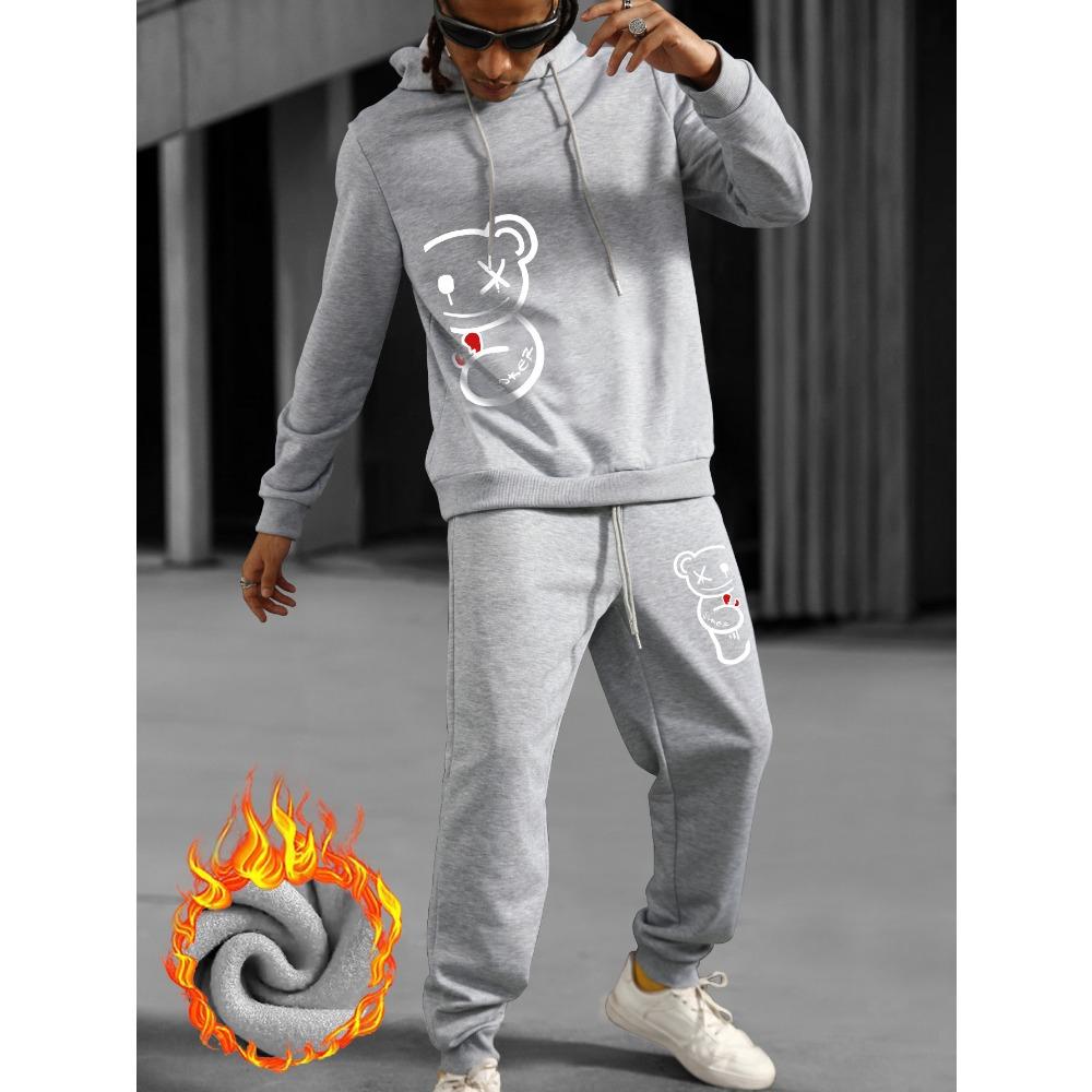 

1 комплект Зимнее тепло Повседневный Полиэстер Толстовка с капюшоном и Брюки Комплект с карманами, Обычная посадка Трикотажная ткань Наборы для ресниц для мужчин и женщин, Толстый XXXL