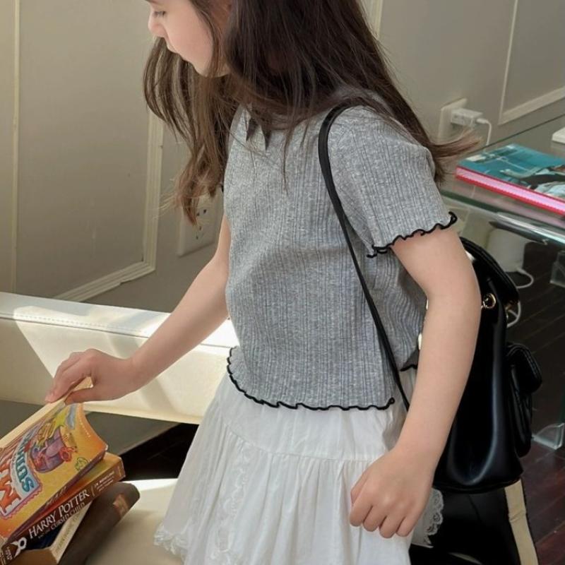 1-12Y Girl's Shirts Korean-style Knitted Lace-Trimmed Short-Sleeve Summer Ruched Tops Trendy Breathable Bow Tie Versatile Tee