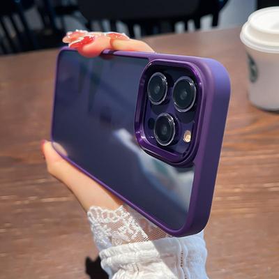 Lila transparente Linsenschutz stoßfeste Hülle für Iphone 14pro Max 13 12 11 Pro Max Xr Xs Metallknopf Harte PC-Rüstungsabdeckung