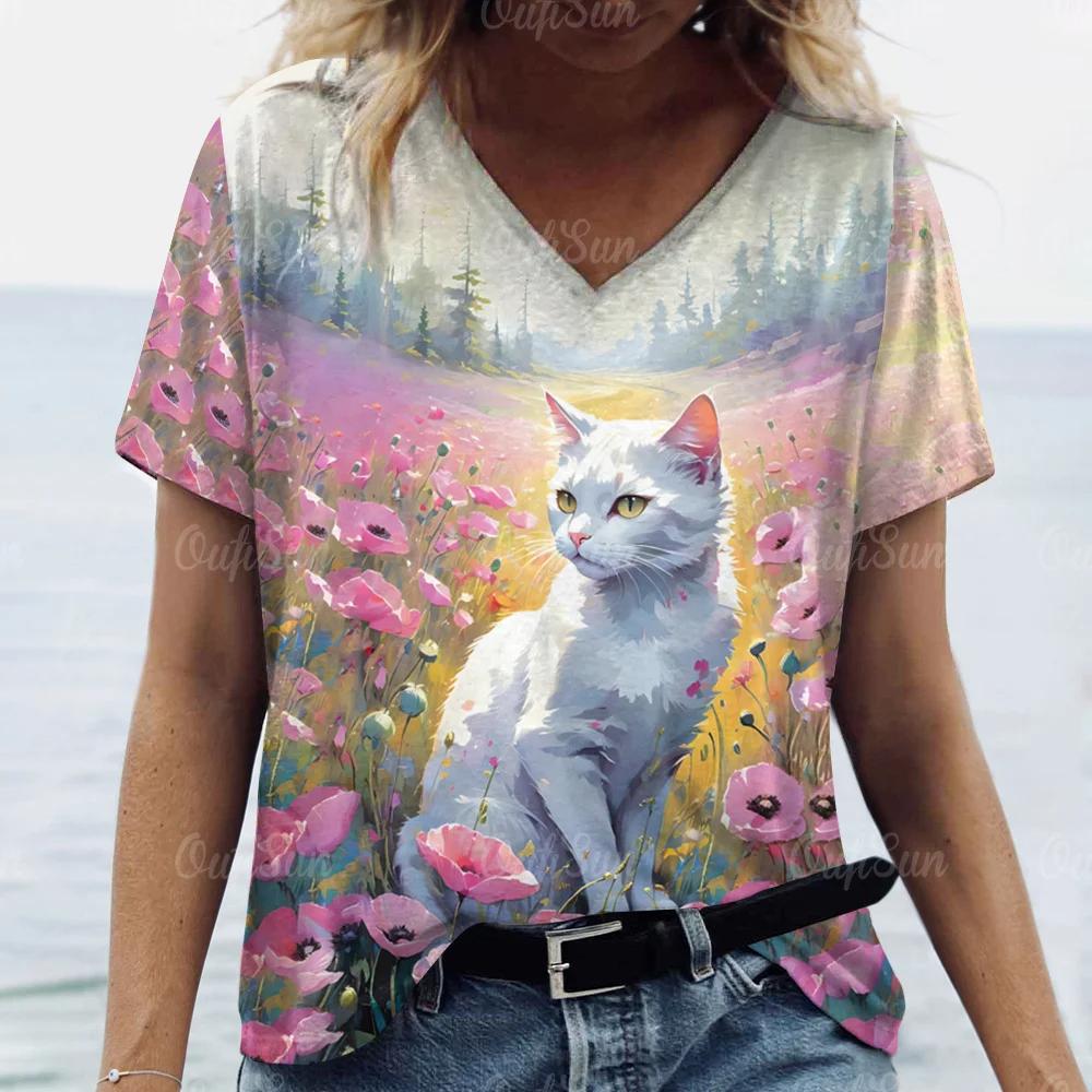 Summer Women Cute Cat T-shirt Fashion Trend V-Neck Tops Tees Female Casual Stylish Short Sleeve Clothing Ladies Vintage Outfit