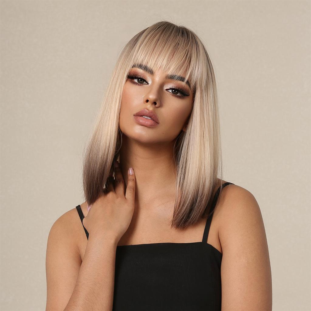 Wig Female New Clavicle Short Hair Straight Hair Gradual Change Blond Simulation Scalp Natural Medium Long Hair Full Head Cover