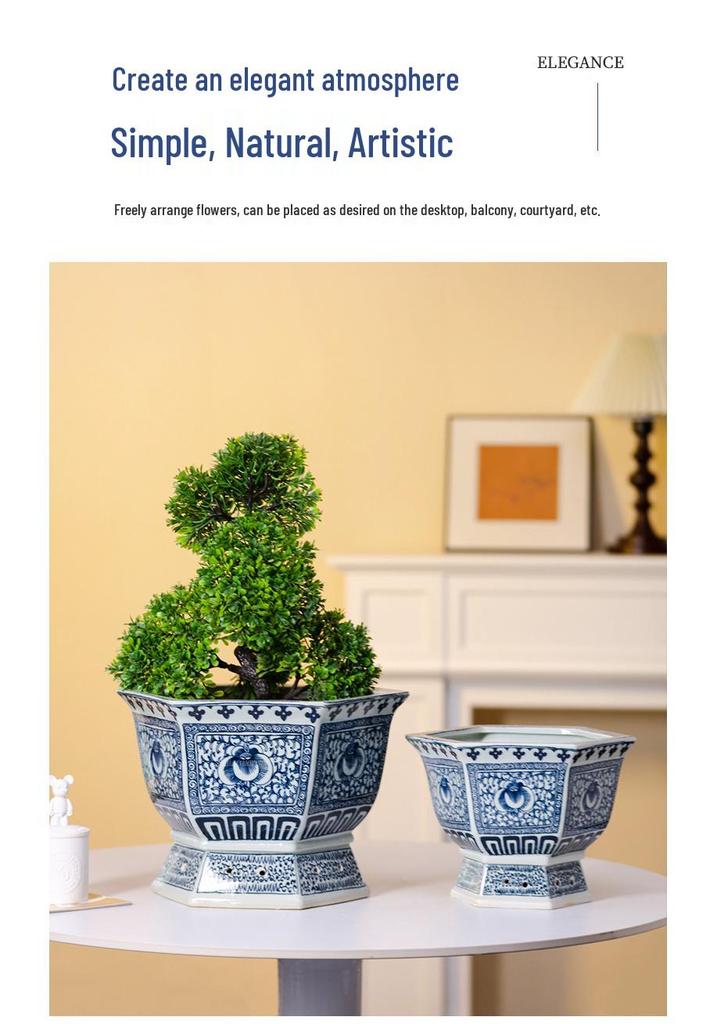 Hexagonal Lotus Flower Bonsai Pot, Blue and White Jingdezhen Ceramic Planter for Orchids and Greenery