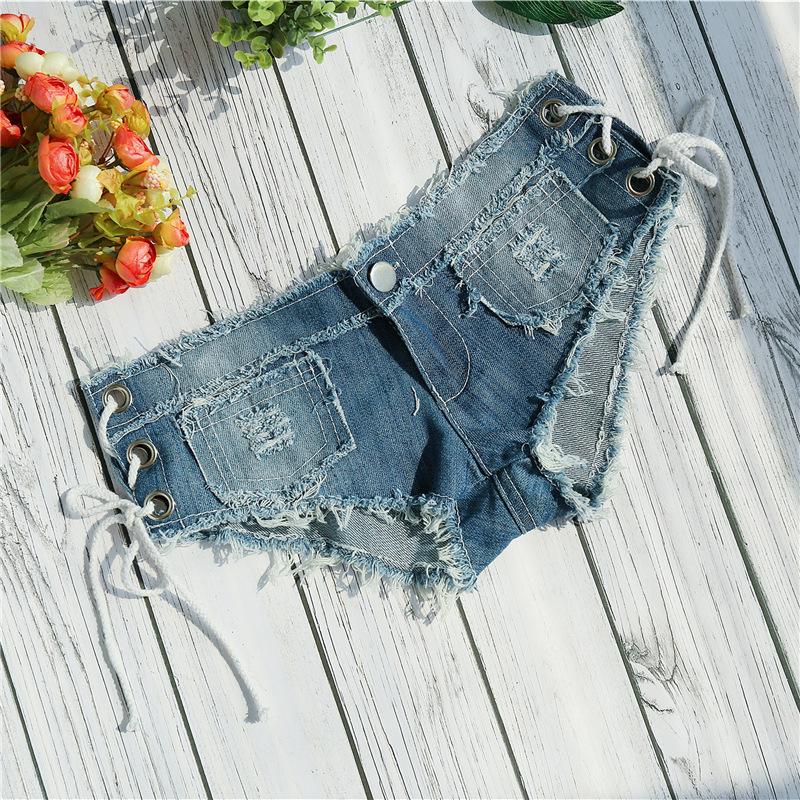 Women's Eyelet Lace-Up Denim Shorts with Side Slit
