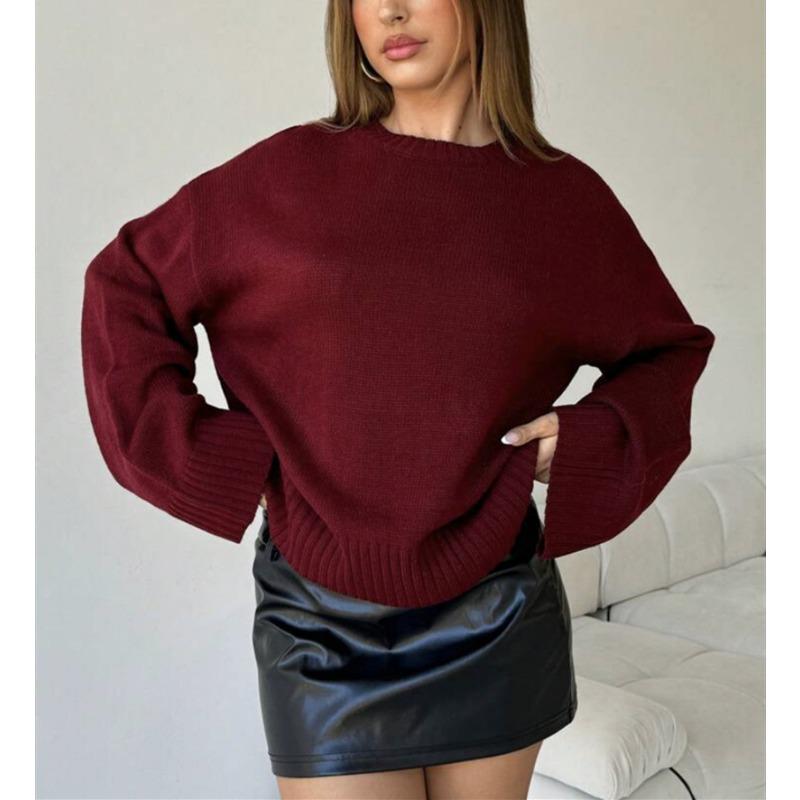 

Wind knitted sweater winter new round neck wide cuff pullover loose solid color long sleeve versatile knitted sweater women S темно-красного