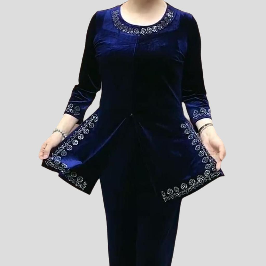 2pcs Pants Suits High-end Autumn Retro Women's Velvet Printed Plus-size Blouse High-waist Velvet Pants Two-piece Set