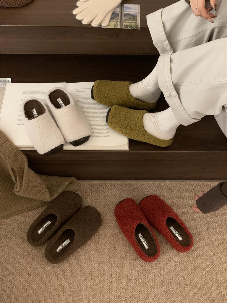 Retro Lamb Wool Plush Slippers Women's Outer Wear 2025 New Small Fragrant Splicing Lazy One-pedal Cotton Mop