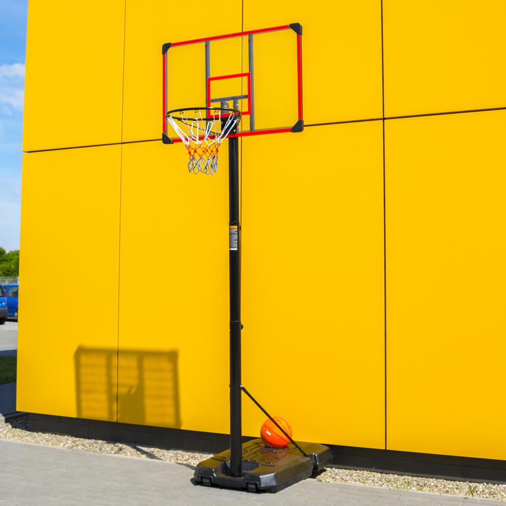 Freestanding basketball hoop with outdoor backboard, height adjustable