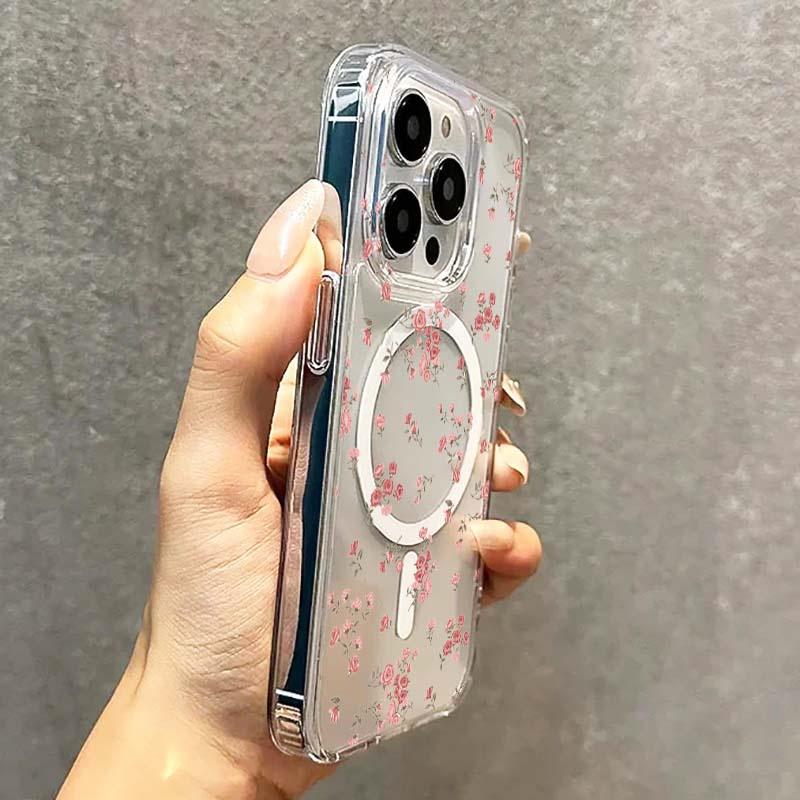 Small Pink Floral Clear Magnetic Phone Case For iPhone 11 12 13 14 15 16 17 Pro Max Plus 16E XR X XS Max 7 8 16 Plus  Hard Cover