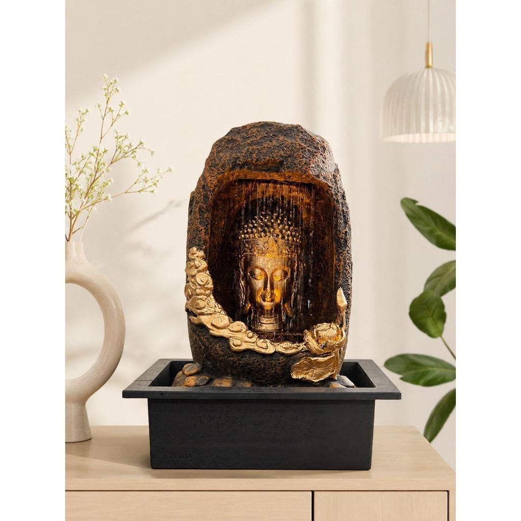 Polyresin Tabletop Gold Brown Meditating Buddha Sitting in Cave Style Indoor Front Curtain Waterfall Fountain for Home Decor