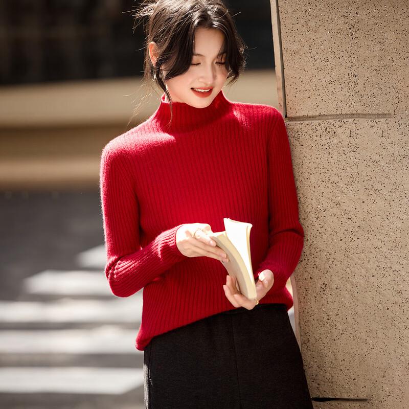 

Srcr Women s Thickened Half-High Collar 100% Cashmere Ribbed Sweater XL