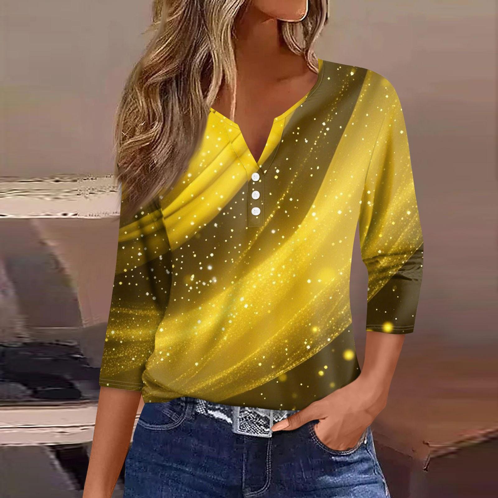 

Женский модный повседневный топ с V-образным вырезом и семью рукавами и геометрическим градиентом XL жёлтый