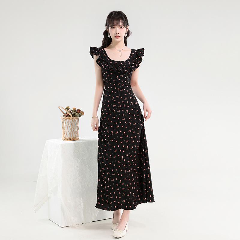 2023 Summer Black Floral French Tea Dress - Slim Long Women s Skirt L чёрный/цветочный