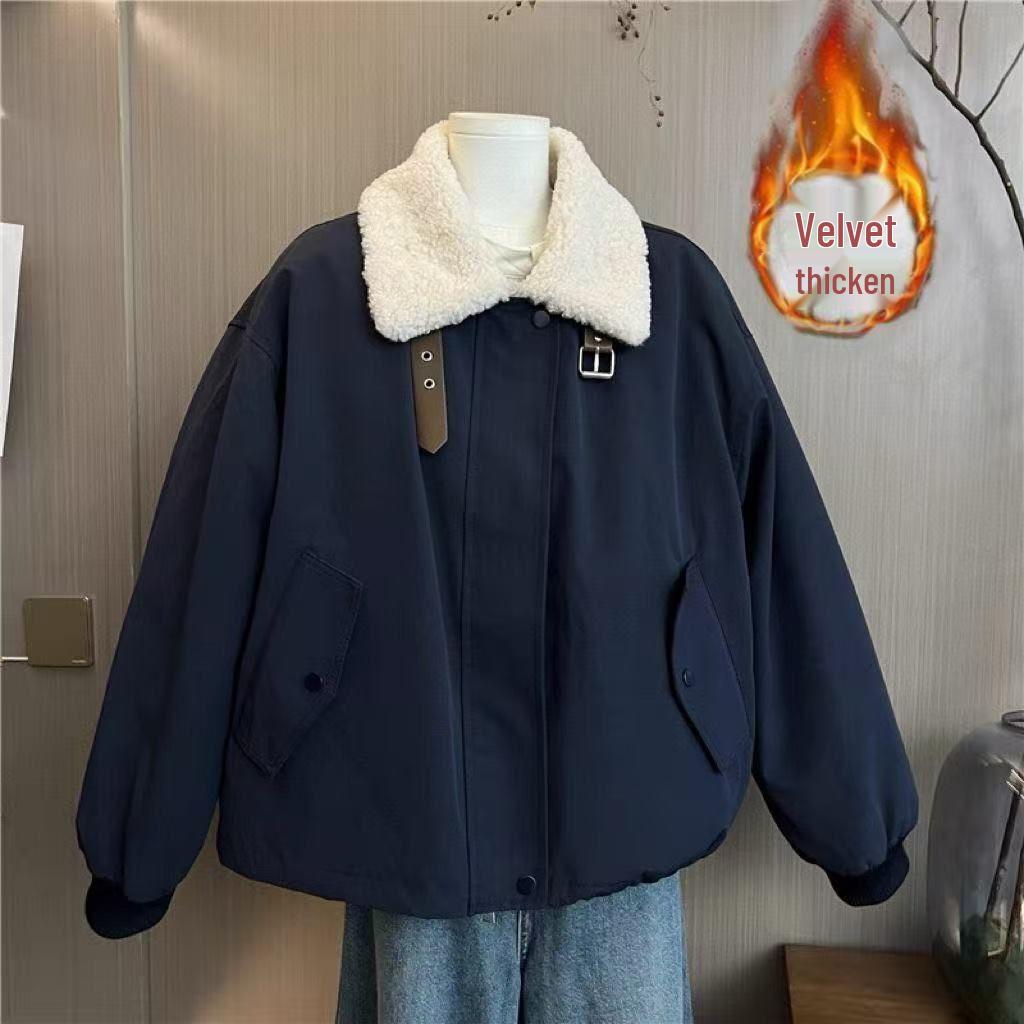 Women's Fleece-Lined Lambswool Patchwork Cotton Jacket - Korean Style Stand Collar, Autumn/Winter Collection