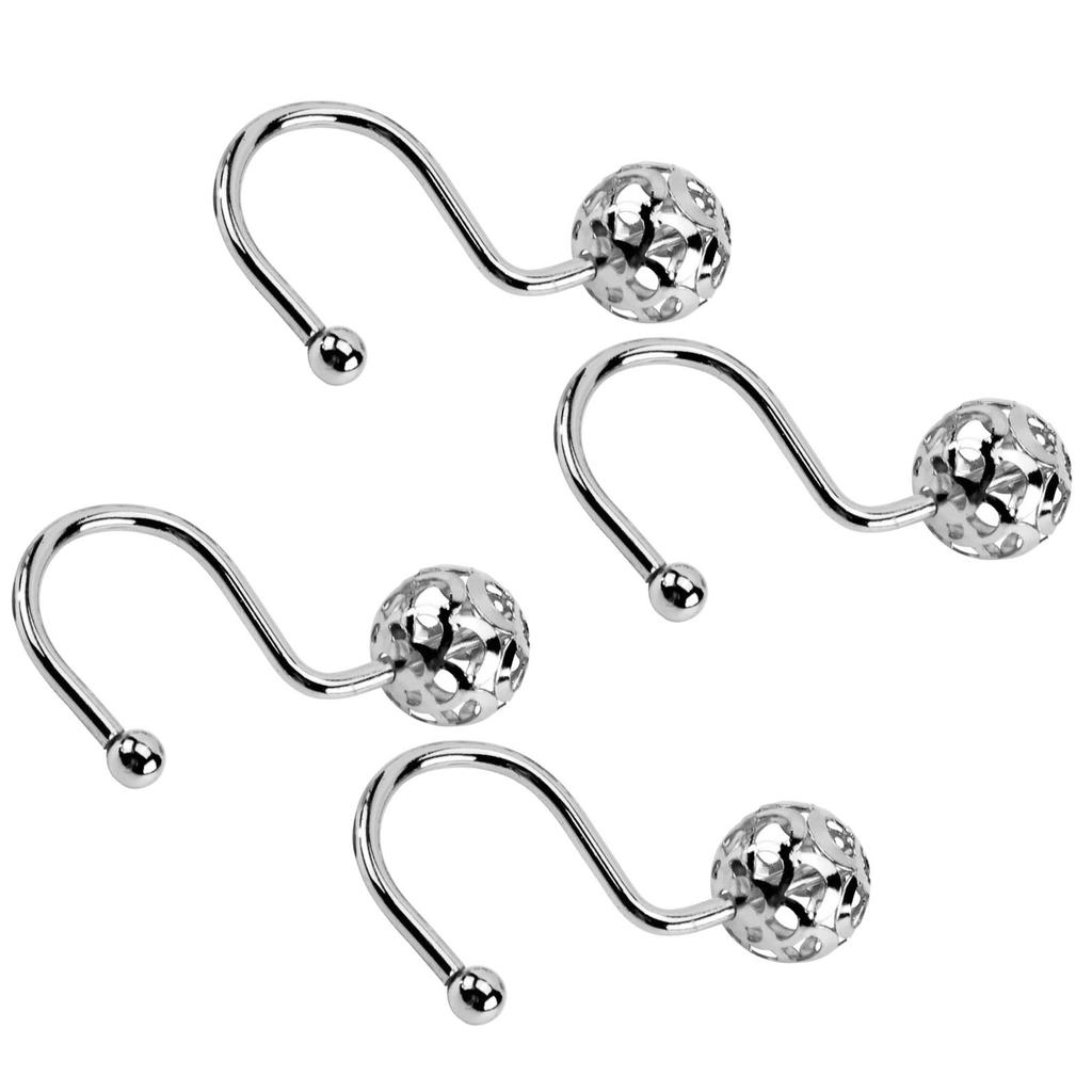 Set of 4 Practical Shower Curtain Rings Decorative Metal Hooks with Hollow Balls Designs for Bathroom Liners