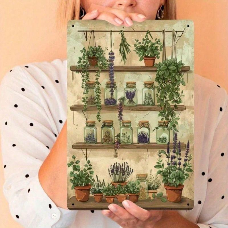 Metal Wall Art Vintage Botanical Herb Garden 8x12 Inch Rustic Farmhouse Tin Sign for Kitchen