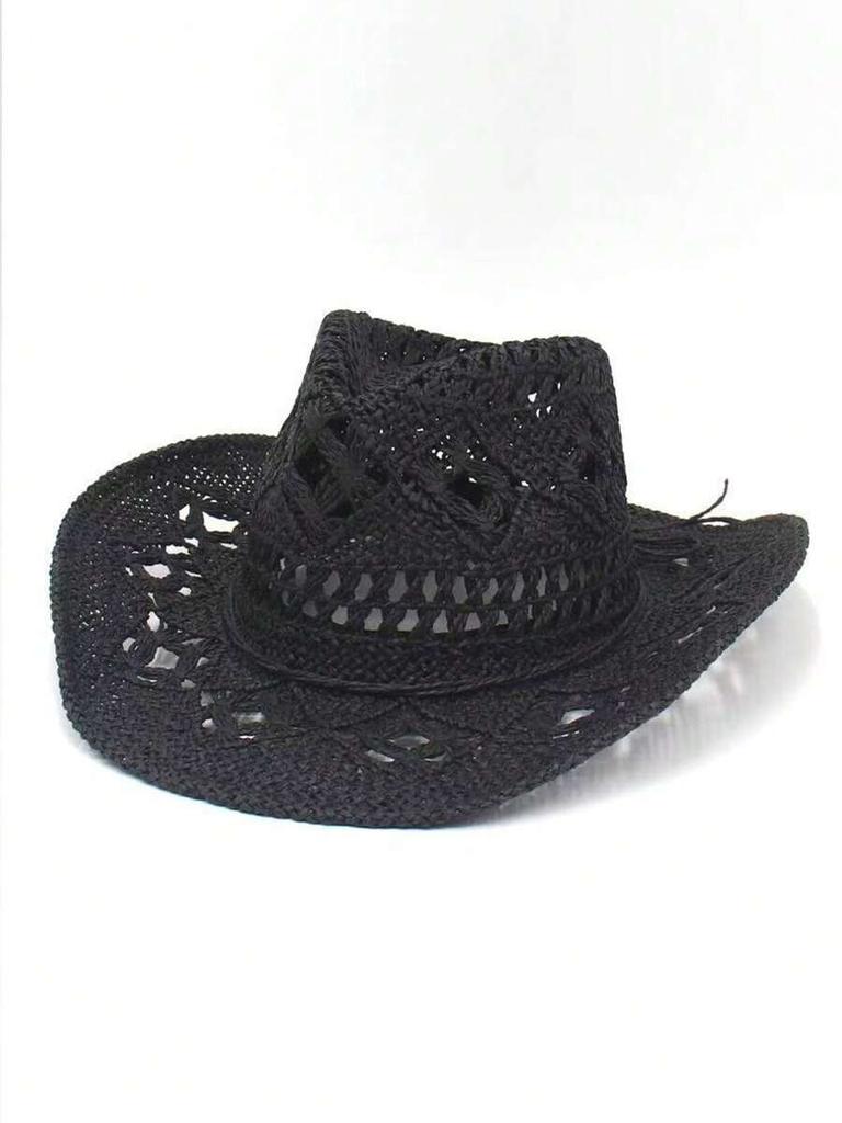 Unisex Straw Cowboy Hat With Beaded Decoration Breathable For Beach Camping Outdoor