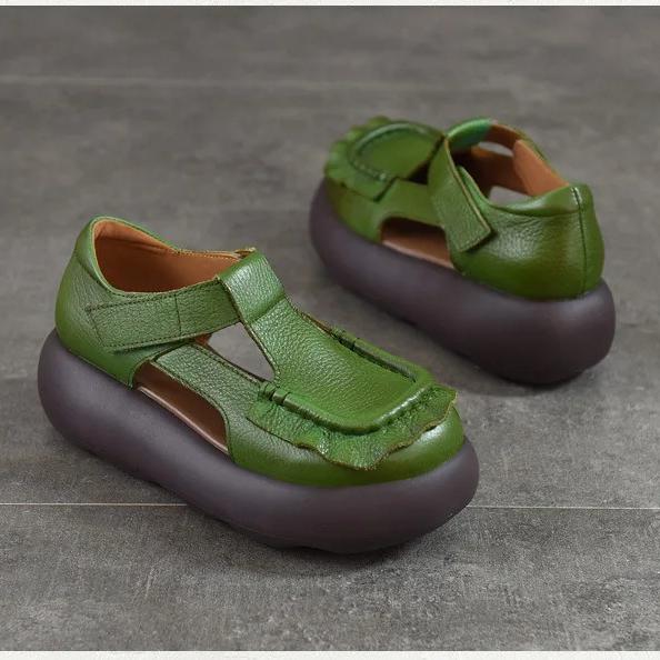 Johnature Retro Genuine Leather Roman Sandals Comfortable And Versatile Round Toe Thick Soled Women's Shoes