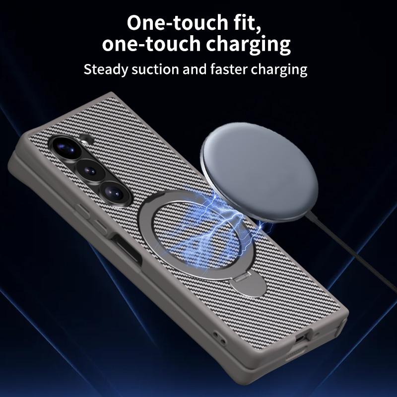 Carbon Fiber Leather Rotating Ring Bracket Phone Case for Samsung Galaxy Z Fold 6 5 4 Fold6 Fold5 Fold Protective Cover