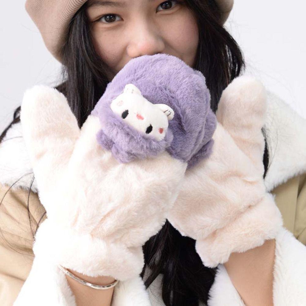 Korean Style Full Finger Mittens Plush Cycling Driving Gloves Gift Cartoon Cat Halter Gloves Girls