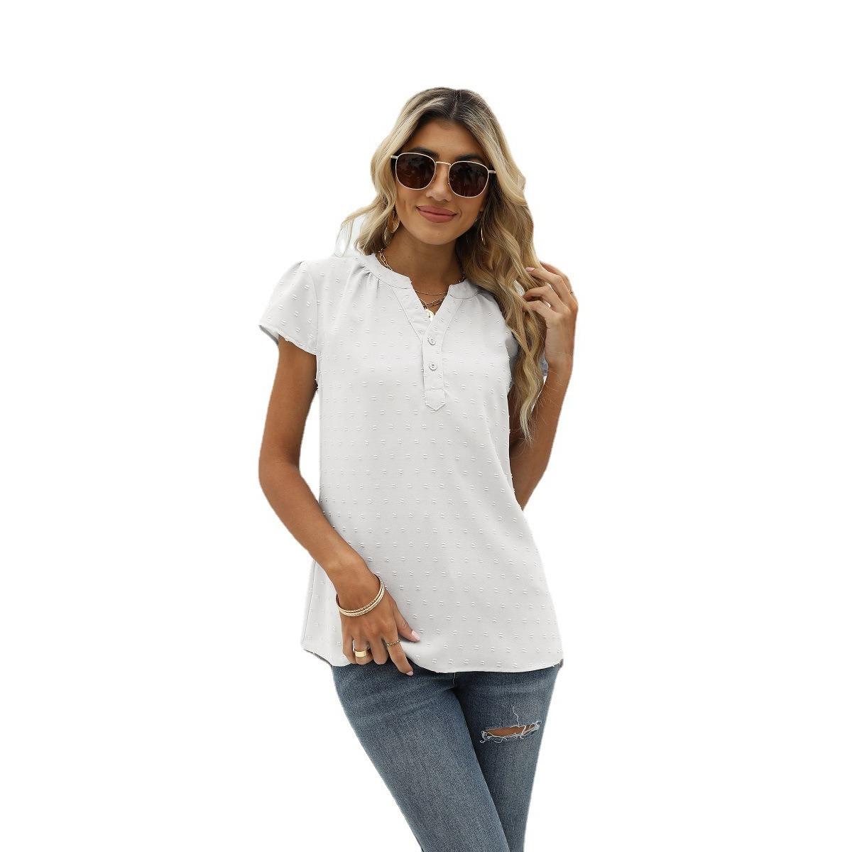 

Summer Women s Solid Textured Chiffon Blouse, Loose V-Neck Pullover Short Sleeve Top, European & American Style Casual Top S белый