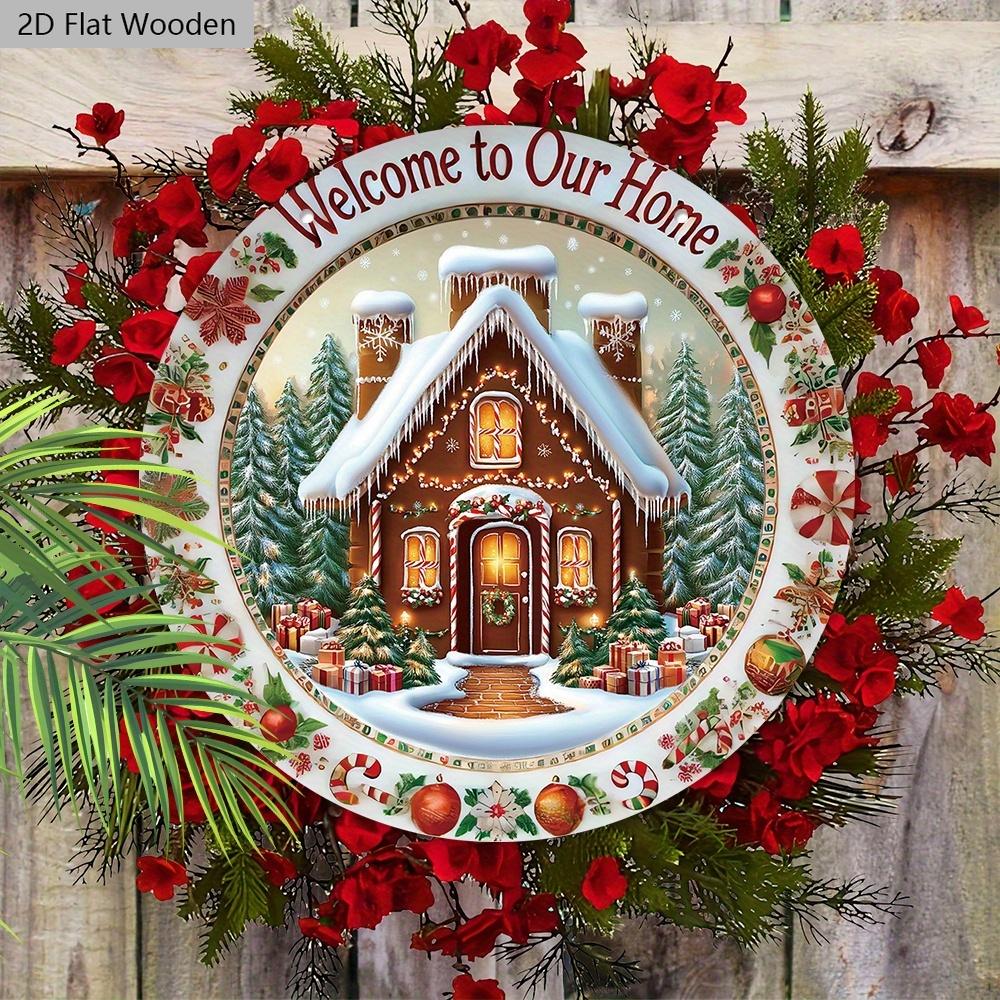 Christmas Wooden Welcome Sign with House Pattern - Navidad Round Sign for Front Door, Wall Hanging Decor - Ideal Christmas Decoration