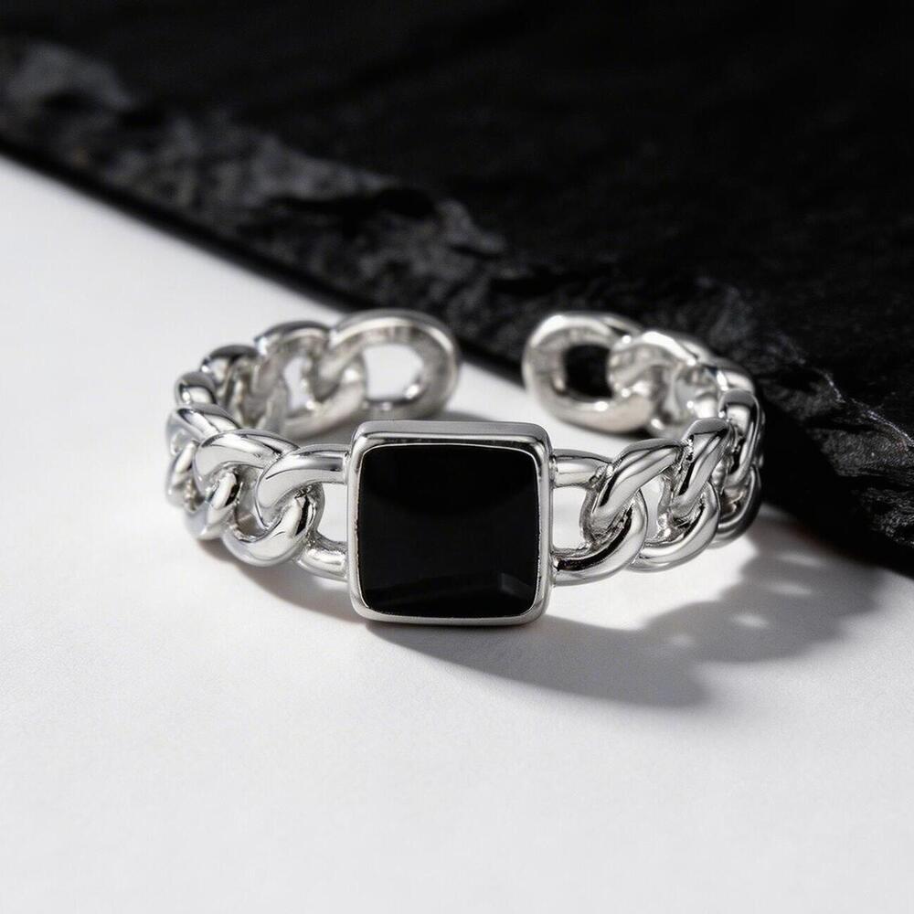Men's Metal Open Ring,Black Square Enamel Chain Ring,Hip Hop Punk Jewelry Gift