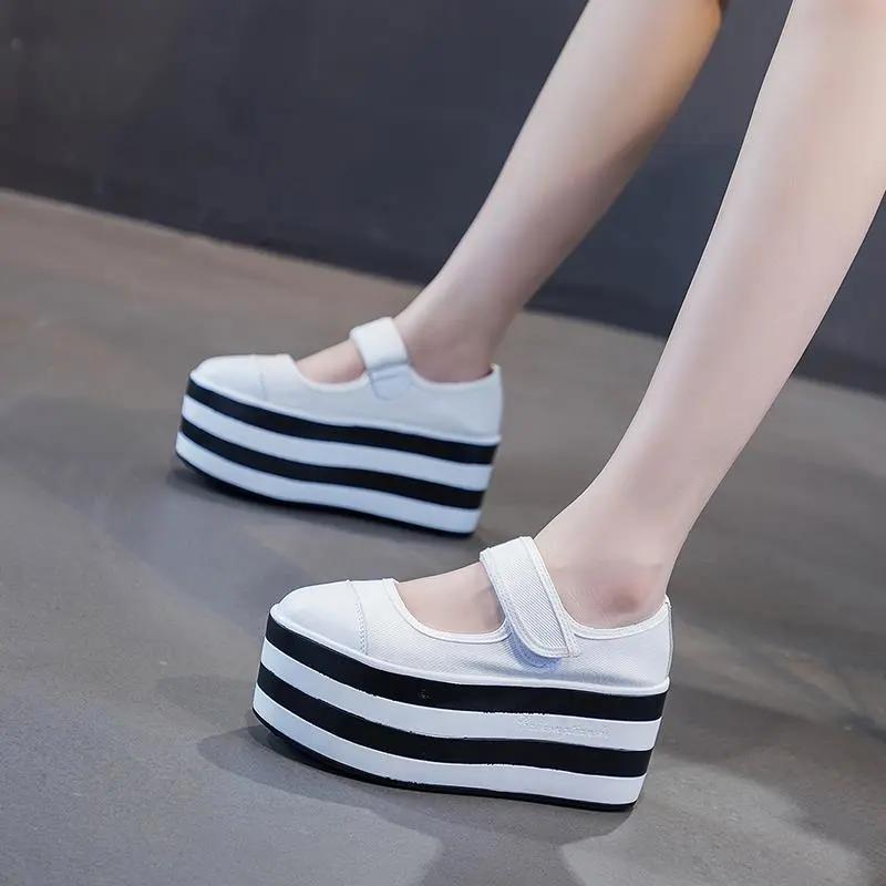 Fashion 8cm Genuine Leather New Women Shoes Platform Heel Platform Sneakers Wedge White Shoes Fashion Women Leather Shoes Canvas  Casual